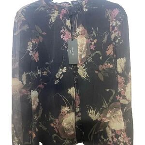 Haver Floral Black Blouse designer sheer blouse/lined under the bodice sz Lg NWT